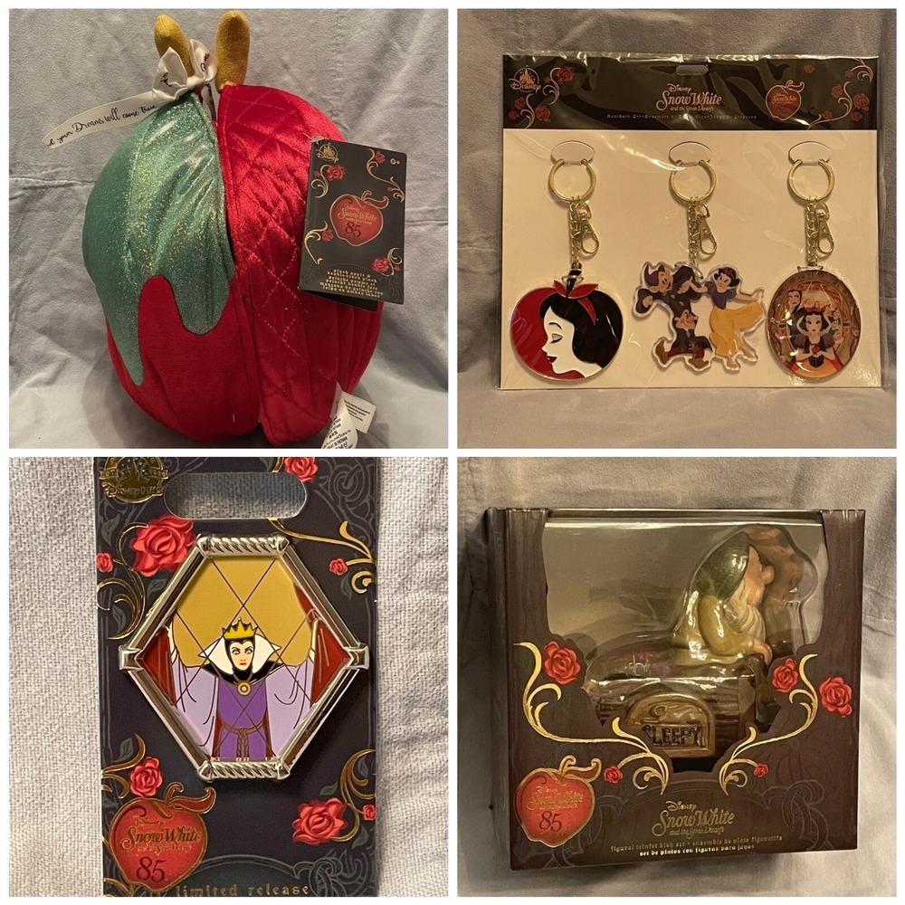 NEW Set of Disney Snow White 85th Anniversary Trinket Tray Plush Pin‎ Keychain